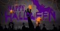 Imagen of happy halloween, spiders and cemetery on purple background