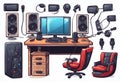 IT peripherals, computer, chair keyboard, mouse, microphone, desktop, v9 Royalty Free Stock Photo