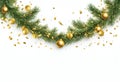 Background with Christmas tree leaves, Christmas balls to decorate golden, v9