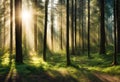 Forest panorama with rays of sunlight, forest image, v21 Royalty Free Stock Photo
