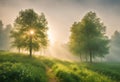 Forest panorama with rays of sunlight, forest image, v9