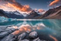 Beatiful sunset with mountains in the background and a lake, v15