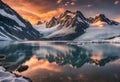 Beatiful sunset with mountains in the background and a lake, v9