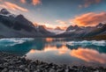 Beatiful sunset with mountains in the background and a lake, v7