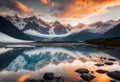 Beatiful sunset with mountains in the background and a lake, v4