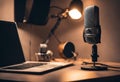 Home studio podcast interior. Microphone, laptop, podcast background, v21 Royalty Free Stock Photo