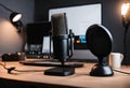 Home studio podcast interior. Microphone, laptop, podcast background, v17 Royalty Free Stock Photo