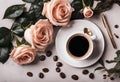 Stylized background with coffee, smartphone, roses and magazine, pen, work table Royalty Free Stock Photo
