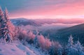 colorful winter sunset sky over the top of a snowy mountain with trees, magenta and cyan.