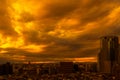 Images of sky, clouds, city and buildings, from daytime to sunset