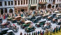 Generate a tiny vintage car parade with classic vehicles from the 1920s to the 1960s