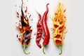 Images of fiery chili peppers on a white background