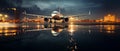 Images generated from AI, Picture of an airplane parked in the airport parking lot, the plane has a beautiful reflection on the wa Royalty Free Stock Photo