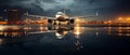 Images generated from AI, A picture of an airplane parked at the airport, the plane's reflection in the water after rain. Royalty Free Stock Photo