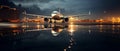 Images generated from AI, A picture of an airplane parked at the airport, the plane's reflection in the water after rain. Royalty Free Stock Photo