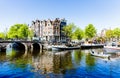 Amsterdam Canals and people enjoying spare time on their boats on a sunny day Royalty Free Stock Photo