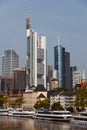 View of the famous Frankfurt Skyline and the banking district with the river Main at the foreground and against a blue sky