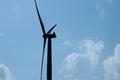 Close up view of the propellers on a giant wind power turbine with blue sky background