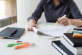 Images of studying student hands writing in book during lecture Royalty Free Stock Photo