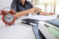 Images of studying student hands writing in book during lecture Royalty Free Stock Photo