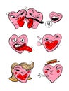 Images of stylized hearts with red lips, eyes, mustache and other elements. Can be used as stickers or for Valentine`s day decorat