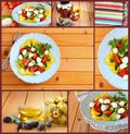 Images with a variety of salad with mozzarella and fresh vegetables on wooden table background.collage Royalty Free Stock Photo