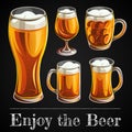 Illustration of beer glass. Mugs and glasses for toast with light beer on black background. Royalty Free Stock Photo