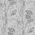 Seamless floral pattern with black flowers and leaves. Gray background. Line graphics.