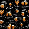 Seamless pattern with beer glasses and texts. Mugs and glasses for toast with light beer on black background. Royalty Free Stock Photo