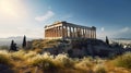 Imaginary Acropolis hill in Athens, Greece, with magestic Parthenon temple, AI generative Royalty Free Stock Photo