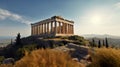 Imaginary Acropolis hill in Athens, Greece, with magestic Parthenon temple, AI generative