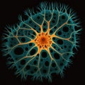 Imaginary astrocyte, glial cell or large neuron in cell culture. Close-up on symmetrical flat cultured cell. AI generative