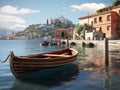 beautiful boat on the water in a romantic italy port town ambiance