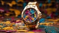 Beautiful luxurious watch with colorful art paint background