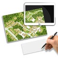 Imaginary cadastral map of territory with buildings, roads and land parcel - Concept image with 3D render of a digital tablet and