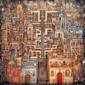 Imaginary city, hyper detailed square pattern, whimsical art, neutral colors, generative ai