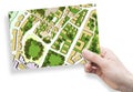 Imaginary city map with residential buildings, roads, gardens green areas and trees - green city concept