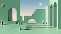 Imaginary fictional architecture, dreamlike empty space, design of exterior terrace, concrete turquoise walls, arched windows,
