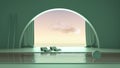 Imaginary fictional architecture, interior design of empty space with arched window with curtain, concrete turquoise walls,