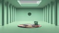 Imaginary fictional architecture, interior design of empty space with classic colonnade, concrete turquoise walls, round carpet