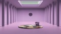 Imaginary fictional architecture, interior design of empty space with classic colonnade, concrete violet walls, round carpet with