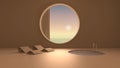 Imaginary fictional architecture, interior design of empty space with round window with curtain, concrete orange walls, pool with