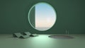 Imaginary fictional architecture, interior design of empty space with round window with curtain, concrete turquoise walls, pool