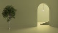 Imaginary fictional architecture, interior design of hall, empty space with arched door, copper lamp, concrete green walls,