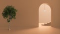 Imaginary fictional architecture, interior design of hall, empty space with arched door, copper lamp, concrete orange walls,