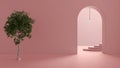 Imaginary fictional architecture, interior design of hall, empty space with arched door, copper lamp, concrete pink walls,