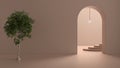 Imaginary fictional architecture, interior design of hall, empty space with arched door, copper lamp, concrete rosy walls,