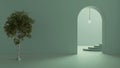 Imaginary fictional architecture, interior design of hall, empty space with arched door, copper lamp, concrete teal walls,