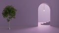 Imaginary fictional architecture, interior design of hall, empty space with arched door, copper lamp, concrete violet walls,