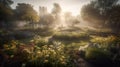 Garden or park with flowers and trees in early morning mist, AI generative